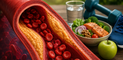 3D illustration of cholesterol plaque inside an artery with healthy food and fitness equipment representing heart health and cholesterol management