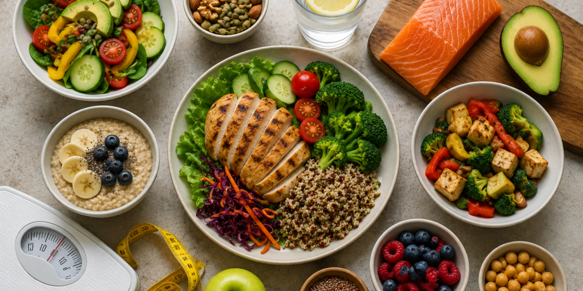 Healthy balanced diet with lean protein, whole grains, fresh vegetables, fruits, nuts and a weighing scale representing scientifically proven weight loss diets