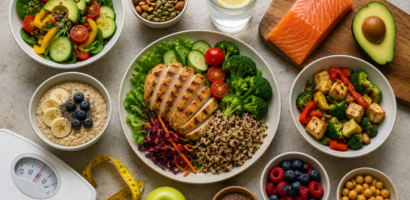 Healthy balanced diet with lean protein, whole grains, fresh vegetables, fruits, nuts and a weighing scale representing scientifically proven weight loss diets