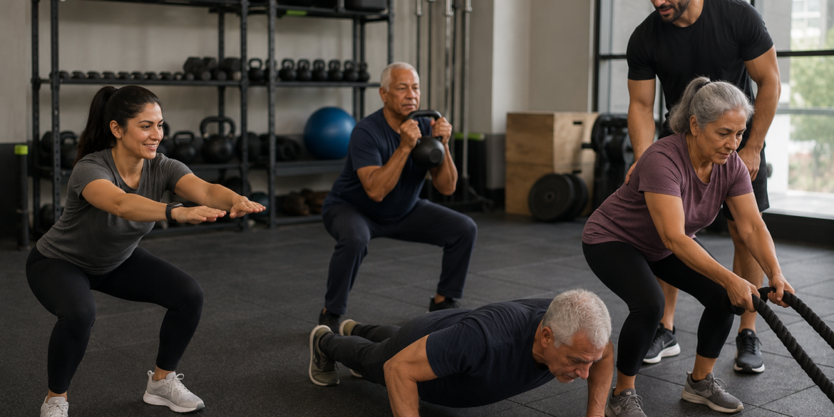 People of different ages performing strength and functional training exercises in a gym to improve mobility, balance, and healthy aging