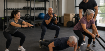 People of different ages performing strength and functional training exercises in a gym to improve mobility, balance, and healthy aging