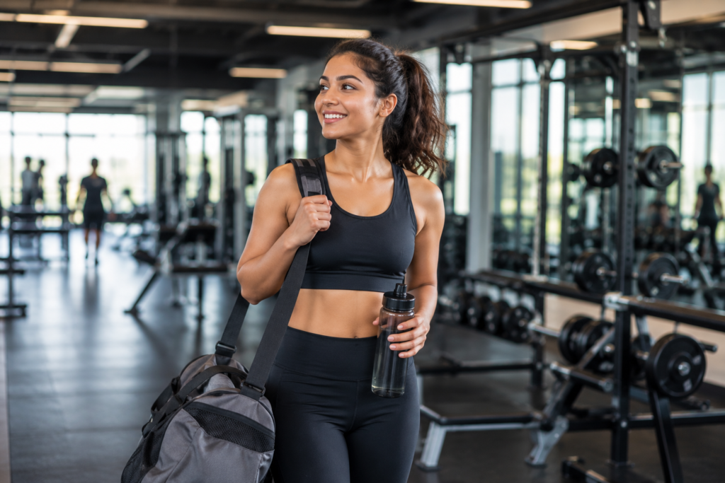 Young woman entering a modern fitness center on her first day at gym carrying a gym bag and water bottle