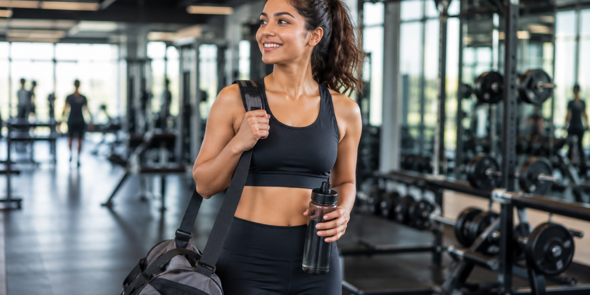 Young woman entering a modern fitness center on her first day at gym carrying a gym bag and water bottle